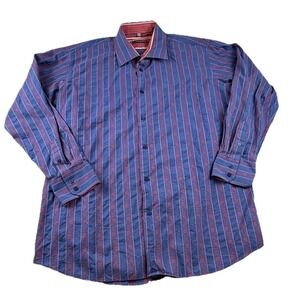 Visconti Uomo Button Up Shirt Mens Flip Cuff 2XL Striped Blue Red 2 Ply Cotton